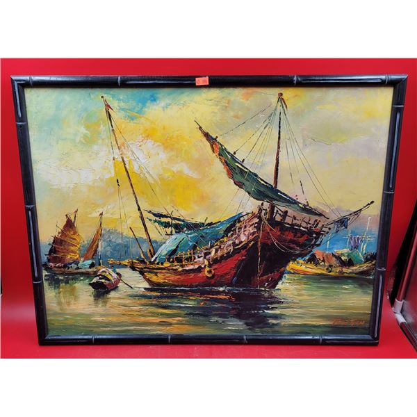 Framed Chinese Junk Boat Painting by Tan Yan