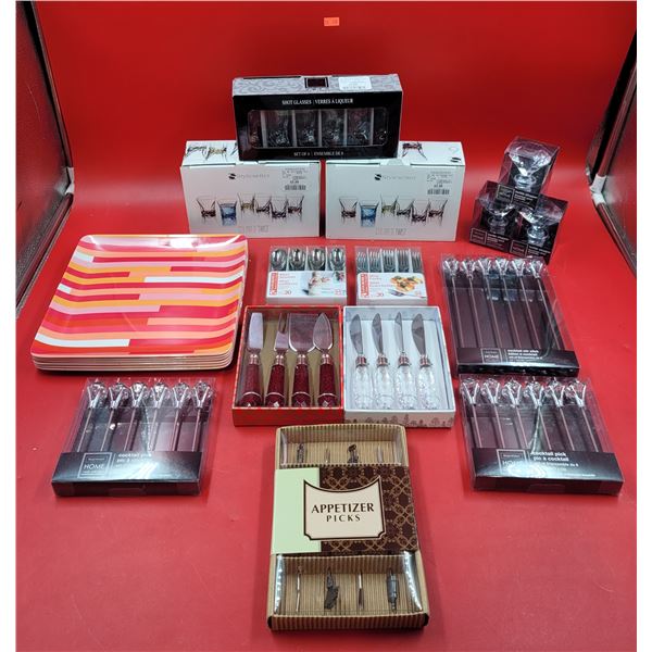 Serve & Bar Ware Lot w/ Cocktail/Appetizer Picks, Cheese Knives, Shot Glasses, & More