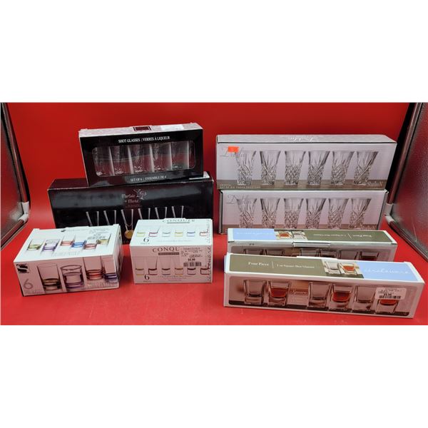 Lot of Assorted Shot Glasses w/ Martinis + Merlot, Conquer, & More