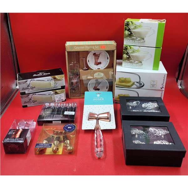 Serve & Bar Ware Lot w/ Napkin Rings, Dipping Set, Jigger, & More
