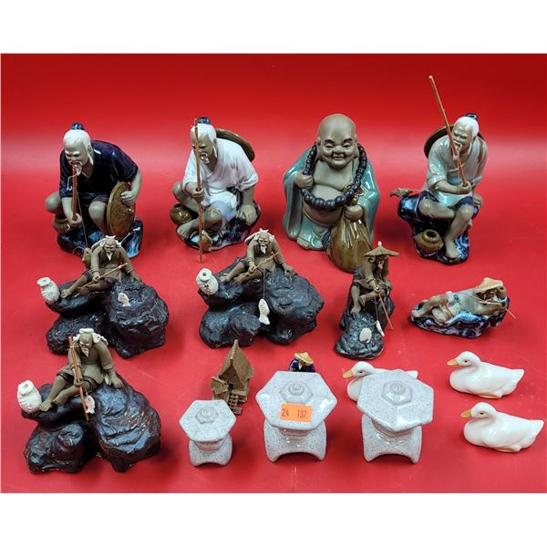 Lot of Assorted Asian Figurines w/ Fishermen, Buddha, Pagodas, & Ducks