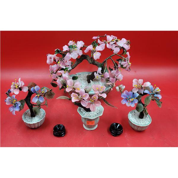 4 Asian Stone Glass Bonsai Trees