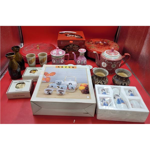 Asian Kitchen & Home Lot w/ Tea Set, Bamboo Coasters, Vases, Teapot, & More