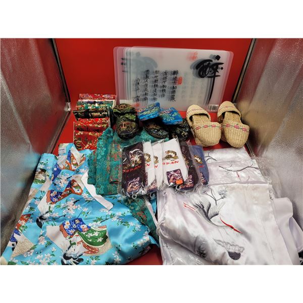 Lot of Asian Clothing, Shoes, & Accessories w/ Kimono Robe, Slippers, Socks, & More