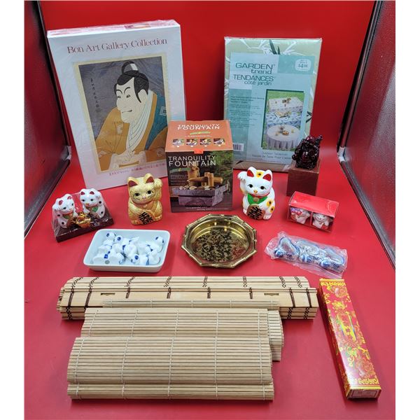 Asian Collectible Lot w/ Maneki-Nekos (Lucky Cats), Tranquility Fountain, Art Puzzle, & More