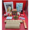 Asian Collectible Lot w/ Maneki-Nekos (Lucky Cats), Tranquility Fountain, Art Puzzle, & More