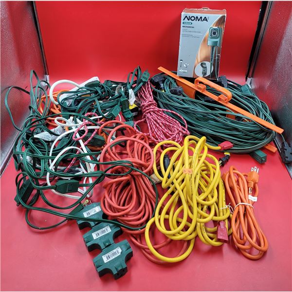 Lot of Assorted Extension Cords & Lighting Time Power Stake