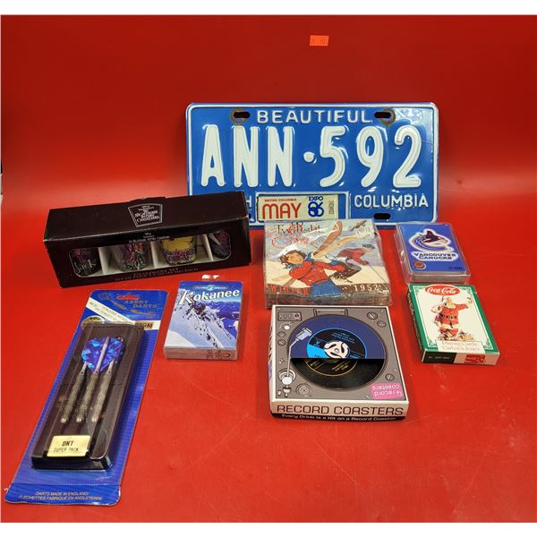 VTG Collectibles Lot w/ BC Expo 86 License Plate, 1952 Ski Napkins, Record Coasters, & More