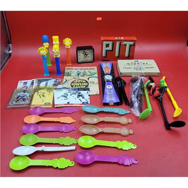 Collectibles Lot w/ Star Wars Spoons, Simpsons Pez, Olympics Watch, Solid Color Marbles, & More