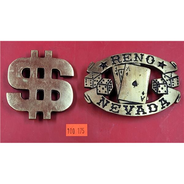 2 Solid Brass Belt Buckles (Reno Nevada & Dollar Sign)
