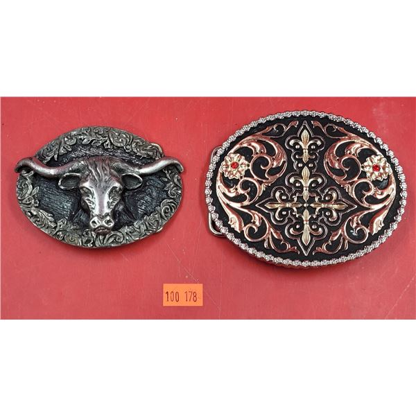 2 Metal Belt Buckles (Longhorn Steer Head & Ornate Design)