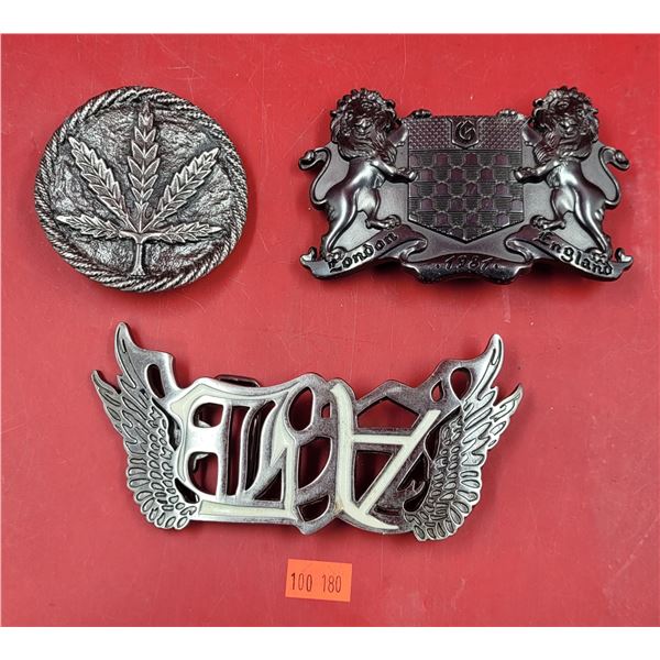 3 Metal Belt Buckles (Angel Wings, Marijuana Leaf, & London England)