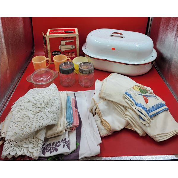 VTG Kitchen Lot w/ Enamel Roasting Pan, Sunbeam Hand Mixer, Fire-King Peach Lustre Mugs, & More