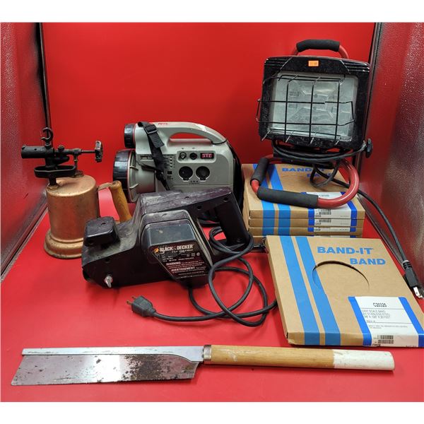 Tool Lot w/ Black & Decker Belt Sander, Stainless Steel Band, VTG Blow Torch, & More