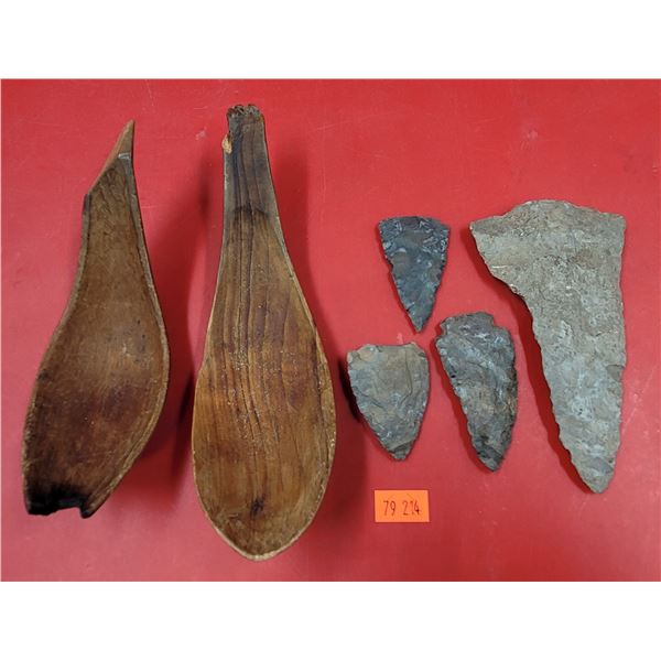 Antique First Nations Artifacts w/ Arrows Heads & Wooden Ladles