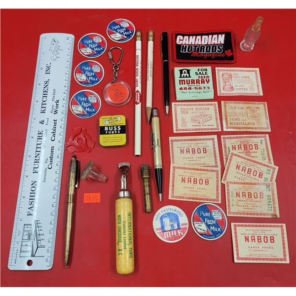 VTG Smalls Lot w/ Nabob Coupons, Milk Bottle Caps, Tin Ruler, & More