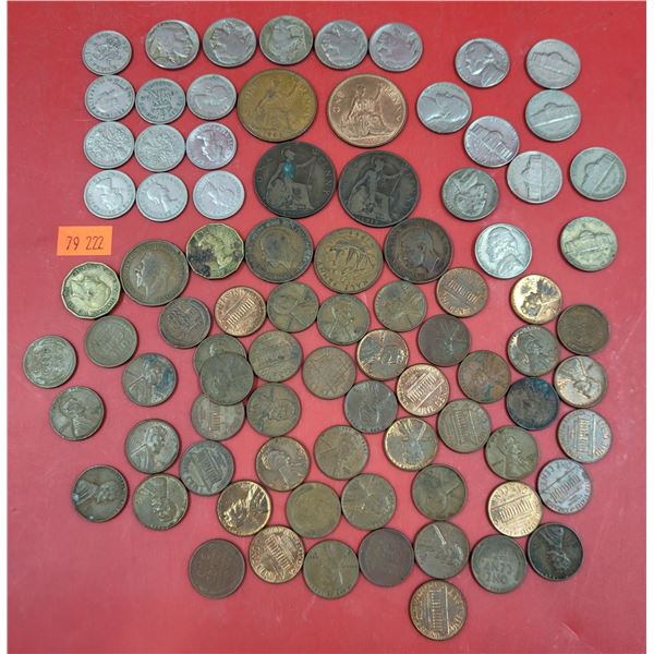 Assorted Coin Lot w/ VTG Copper & Brass British Coins, Buffalo Head Nickels, Lincoln Pennies, & More