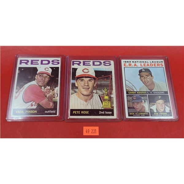 3 VTG Baseball Cards w/ Rose, Pinson, Koufax, & More