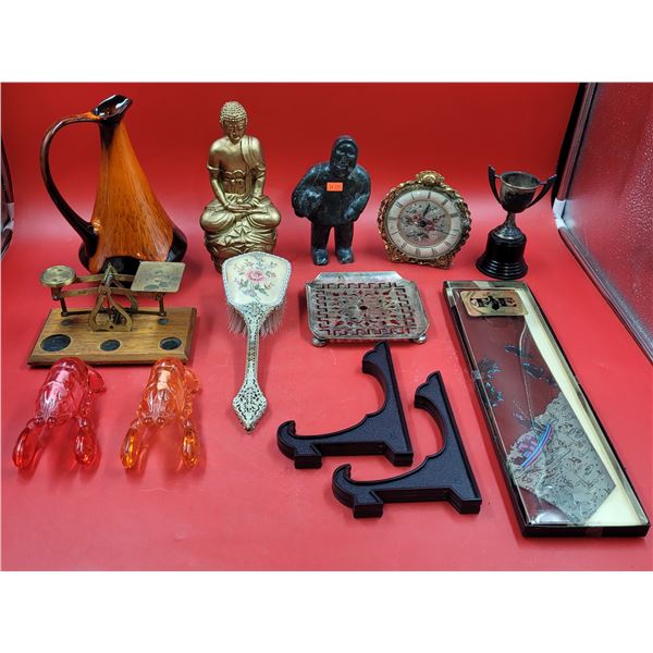 VTG Lot w/ Soapstone Figure, Vanity Hair Brush, Floral Clock, & More