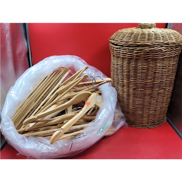 Lot of Wooden Hangers & Wicker Laundry Basket