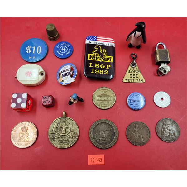 VTG Small Collectibles Lot w/ Antique Medallions, Labatt Pin, Thimble, & More