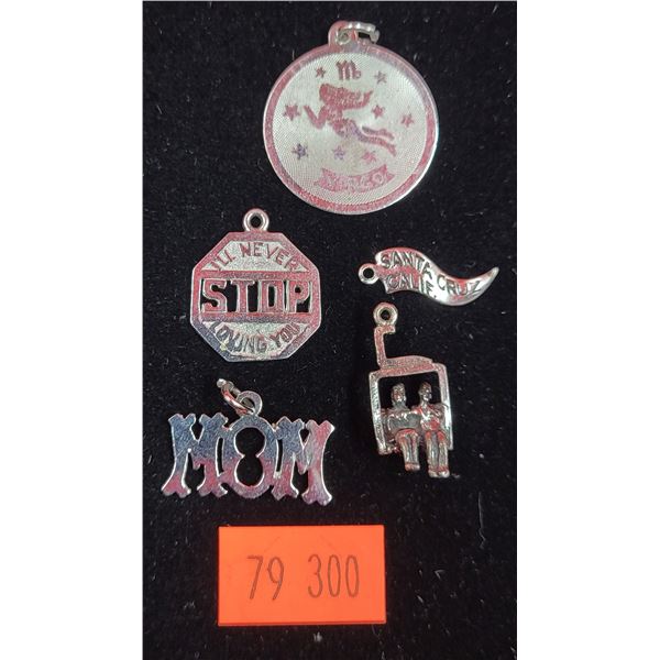5 Assorted Sterling Charms w/ Virgo, Mom, Skiers, & More