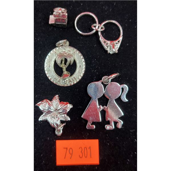 5 Assorted Sterling Charms w/ Flower, Hawaii, Kissing, & More