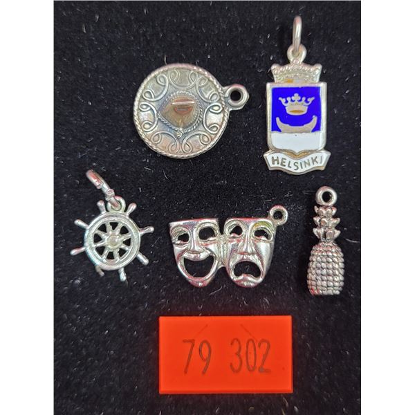 5 Assorted Sterling Charms w/ Pineapple, Ship Wheel, Comedy & Tragedy Masks, & More