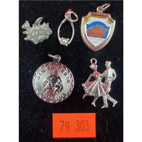 5 Assorted Sterling Charms w/ Dancers, Aquarius, & More