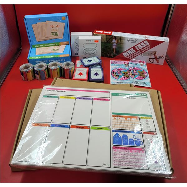 Game, Party, & Planner Lot w/ Wooden Embroidery, Ring Toss, Weekly Planner, LOL Balloons, & More