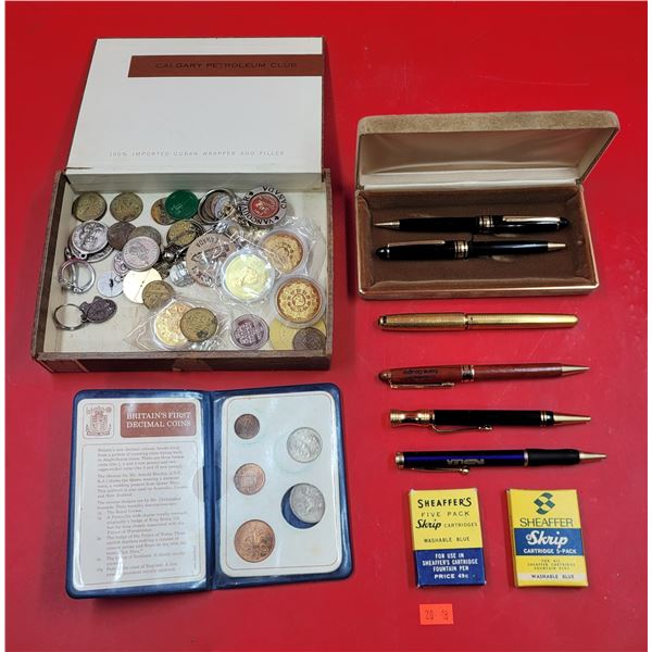 VTG Smalls Lot w/ Pens, Sheaffer's Skrip Cartridges, Coins, & More