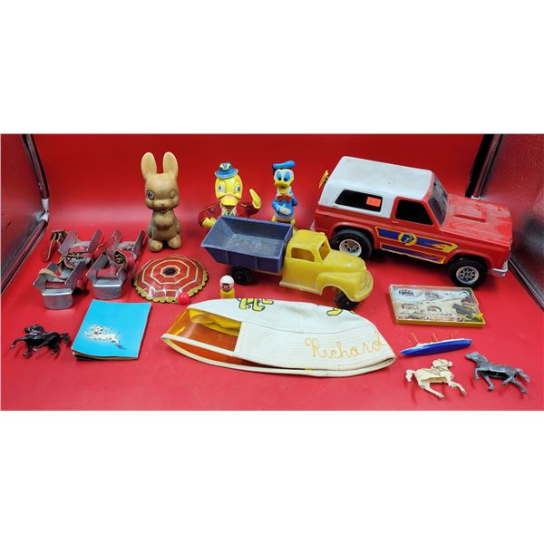 VTG Toy Lot w/ Plastic Trucks, Donald Duck, Bunny Rabbit, & More