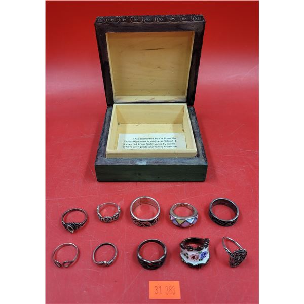 10 Sterling Rings (All Marked) w/ Wooden Box