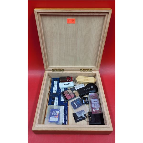 Assorted Memory Cards & Sticks w/ Wooden Box