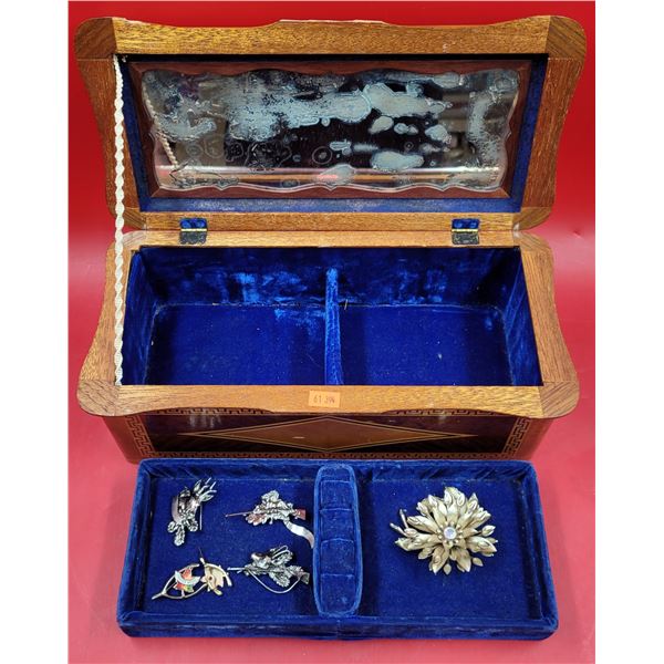 VTG Wooden Jewelry Box w/ Velvet Interior & Assorted Brooches