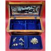 Image 1 : VTG Wooden Jewelry Box w/ Velvet Interior & Assorted Brooches
