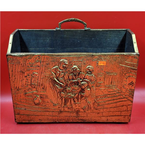 VTG Hammered Brass & Wood Magazine Rack