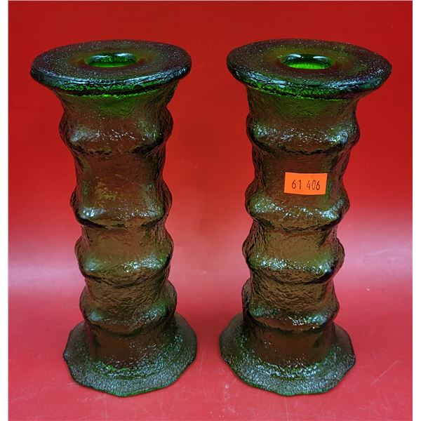 2 VTG Emerald Green Crackle Glass Candleholders