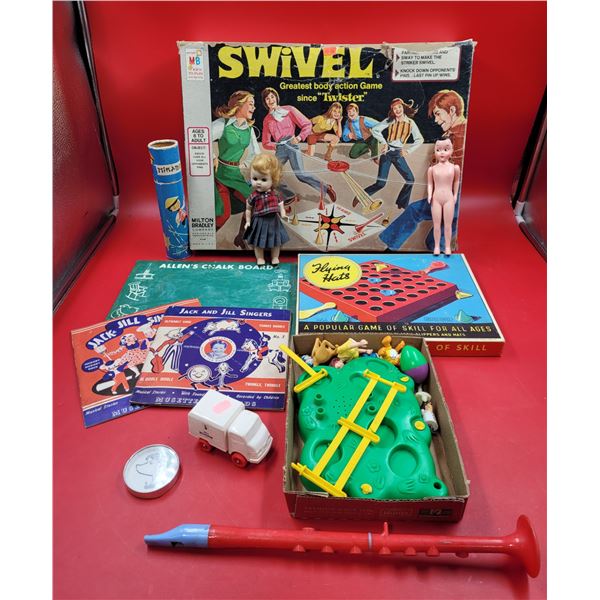 VTG Toy Lot w/ Swivel Game, Flying Hats Game, Children's 45 RPM Records, & More