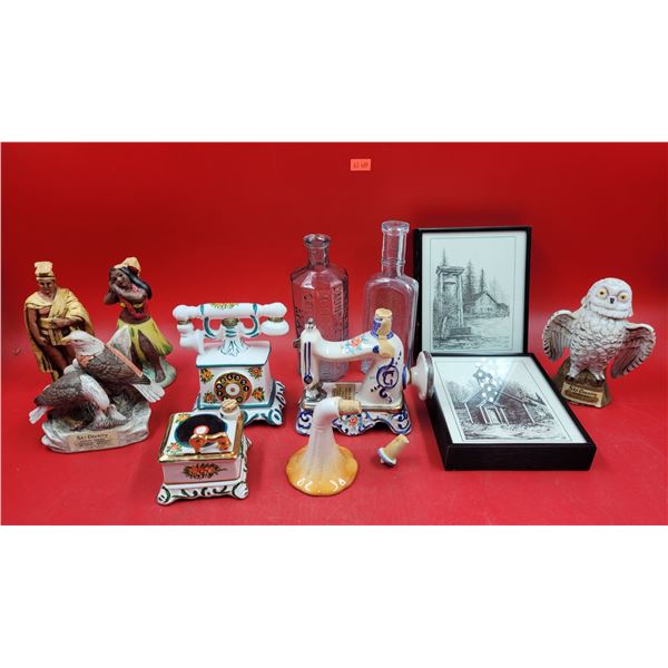 VTG Decanter & Print Lot w/ Sewing Machine Decanter, Eagle Decanter, 2 Prints, & More