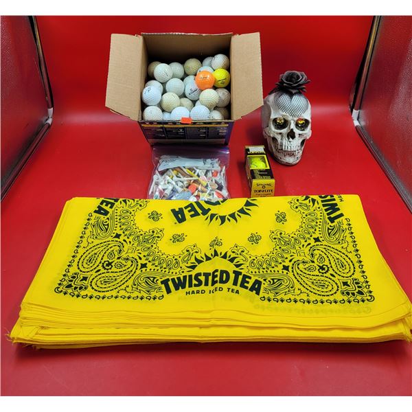 Lot of Assorted Golf Balls, Tees, Skull Decor, & Twisted Tea Bandanas