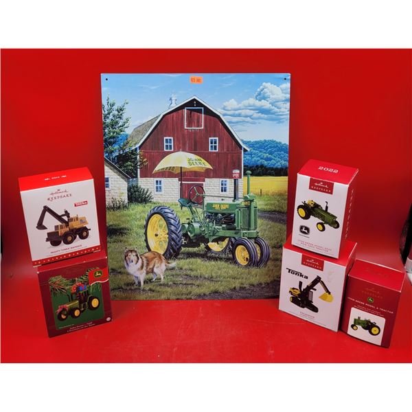 Tonka & John Deere Lot w/ Tin Sign, Hallmark Keepsake Ornaments, & Heirloom Ornaments