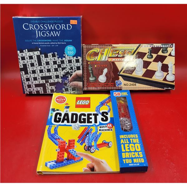Toy & Game Lot w/ Crossword Jigsaw, Chess, & Lego Gadgets Book/Bricks