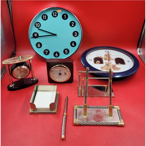 Assorted Clocks, Hygrometer, & Art-Deco Desk Accessories