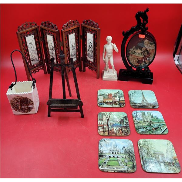 Home Decor Lot w/ Chinese Cork Diorama Mirror, Mini Statue of David, & More