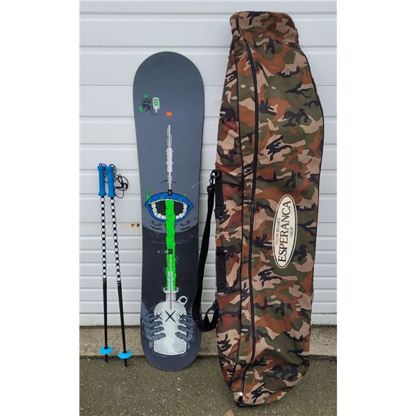 Burton Nug Snowboard w/ Carrying Case & Ski Poles