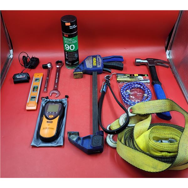 Assorted Tool Lot w/ Mecurate Stud Finder, Irwin Quick-Grip, Rok Hammer, & More