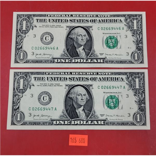 2 Uncirculated & Sequential USA $1 Bank Notes