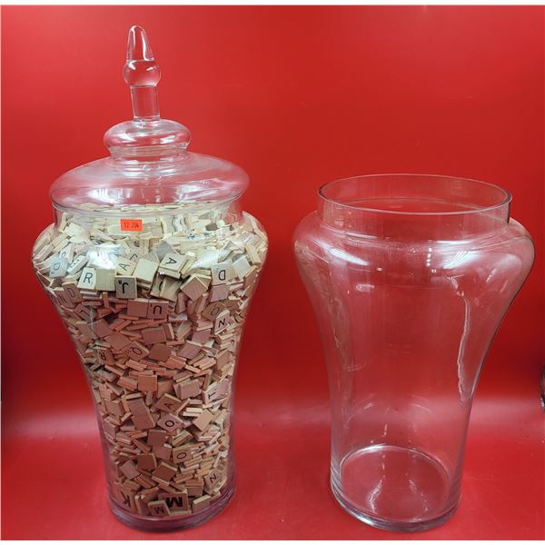 2 Large Glass Jars w/ Assorted Scrabble Pieces