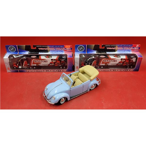 Diecast Vehicle Lot w/ 2 Senators Tractor-Trailers & Baby Blue Volkswagen Bug